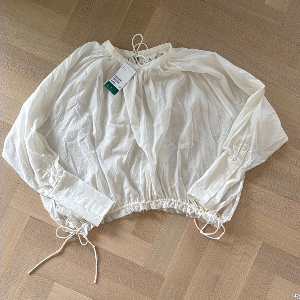 HM Studio white Cotton Flowy Cropped Top Cinched Waist Size S NWT